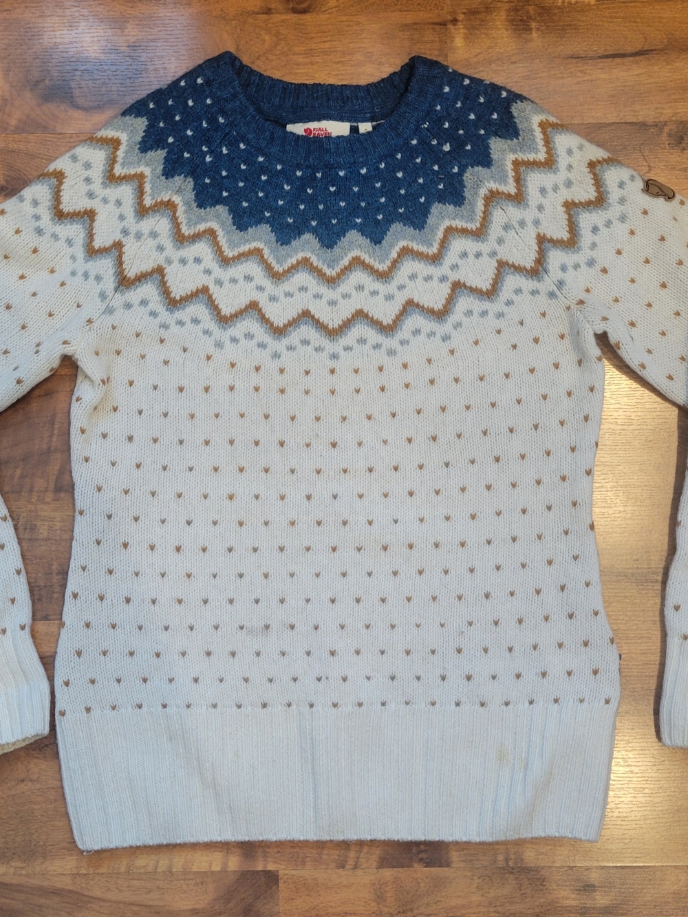 Fjallraven Cream Fair Isle Crewneck Sweater with Blue Yoke and Brown Accents